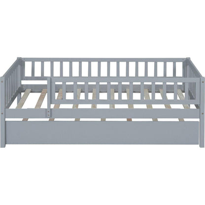 Twin Size Wood Daybed with Trundle and Fence Guardrails, Gray