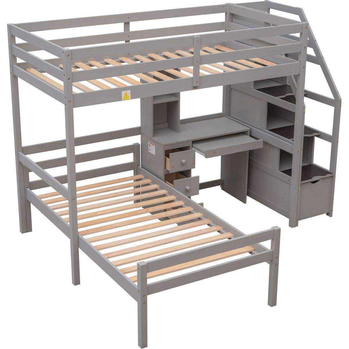 Twin Size Loft Bed with a Stand-alone Bed, Storage Staircase, Desk, Shelves and Drawers, Gray