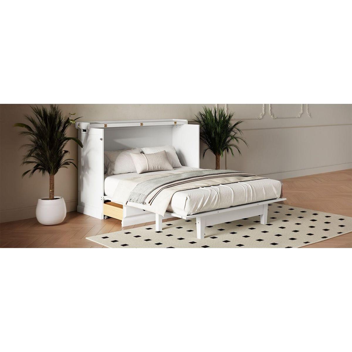 Solid Pine Murphy Bed Chest Cube Cabinet Bed with Charging Station and Large Storage Drawer for Home Office or Small Room,Full,White