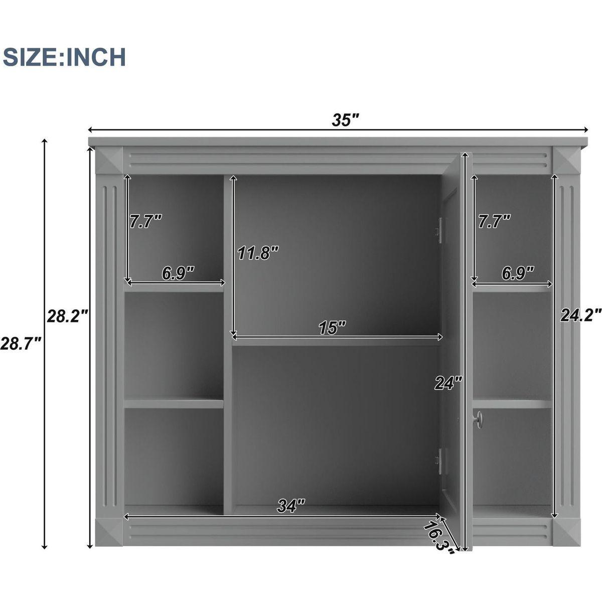 35" x 28" Wall Mounted Bathroom Storage Cabinet, Medicine Cabinet, Modern Bathroom Wall Cabinet with Mirror, Mirror Cabinet with 6 Open Shelves (Not Include Bathroom Vanity)