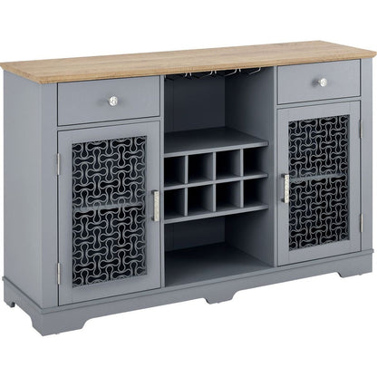 Modern Farmhouse Buffet Cabinet, Sideboard with 2 Drawers and Elegant Glass Door Cabinets, Wine and Glass Rack, Coffee Bar for Kitchen, Dining Room, Light Blue and Light Oak, 56.46"Wx15.55"Dx35.74"H