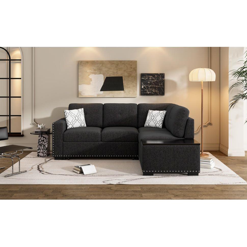 83.8" Reversible Sectional Pull-Out Sofa Bed L-Shaped Corner Sofa Couch with Storage Chaise, USB Ports, Power Sockets, Cup Holder for Living Room, Bedroom, Study, Black
