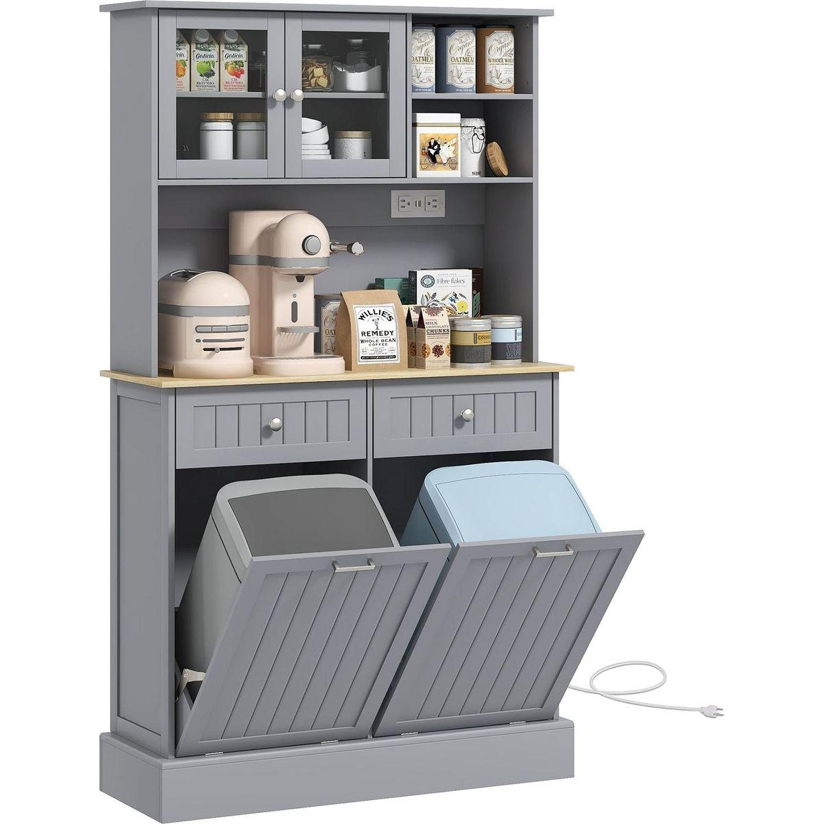 68" Kitchen Pantry Storage Cabinet with Charging Station, 2 Tilt Out Trash Cabinets and Microwave Stand, Freestanding Kitchen Hutch with Glass Doors and Adjustable Shelf, Gray
