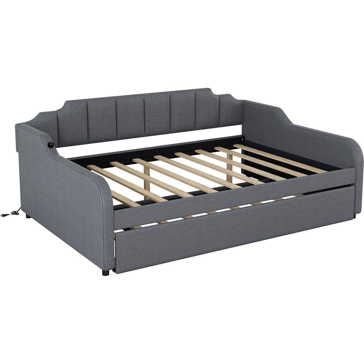 Full Size Upholstery Daybed with Trundle and USB Charging Design,Trundle can be flat or erected,Gray