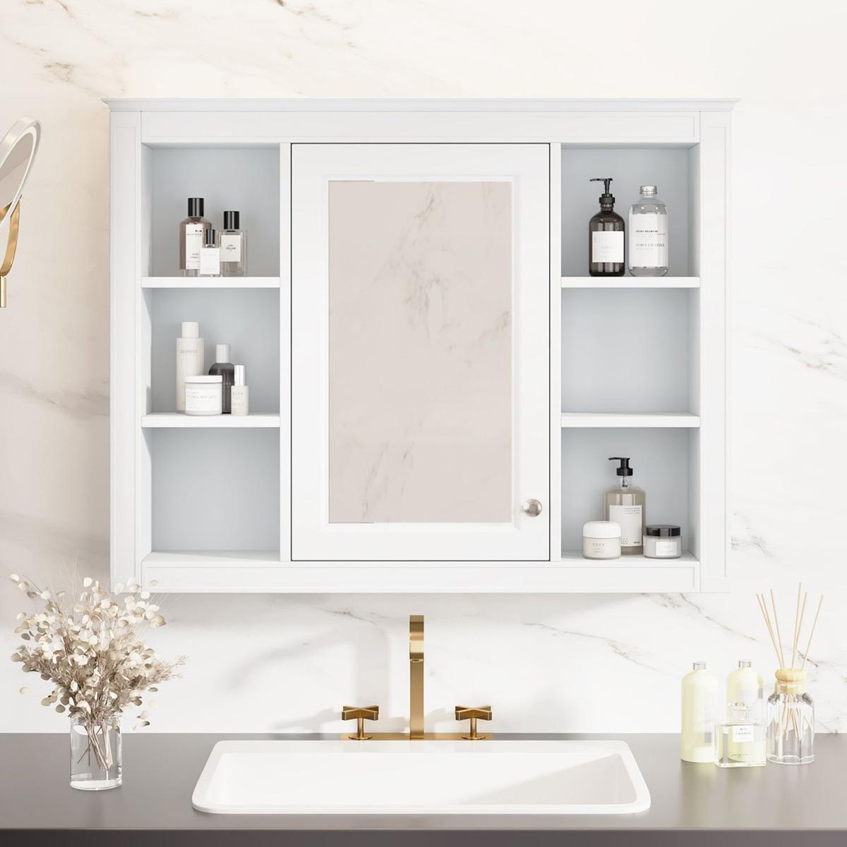 35" x 27.5" Medicine Cabinet, Wall Mounted Bathroom Storage Cabinet, Modern Bathroom Wall Cabinet with Mirror, Mirror Cabinet with 6 Open Shelves (Not Include Bathroom Vanity)