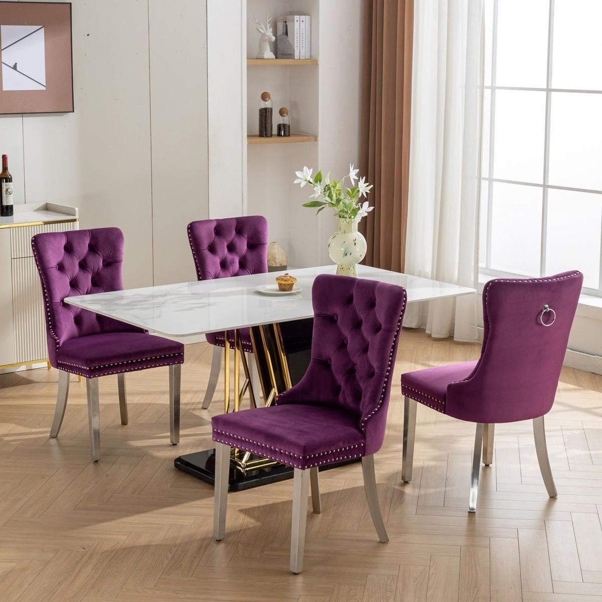 Nikki Collection Modern, High-end Tufted Solid Wood Contemporary Velvet Upholstered Dining Chair with Chrome Stainless Steel Plating Legs,Nailhead Trim,Set of 2,Purple and Chrome