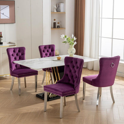 Nikki Collection Modern, High-end Tufted Solid Wood Contemporary Velvet Upholstered Dining Chair with Chrome Stainless Steel Plating Legs,Nailhead Trim,Set of 2,Purple and Chrome