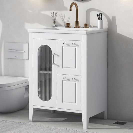 24' Bathroom Vanity with Sink, Bathroom Vanity Cabinet with Two Drawers and Door, Adjustable Shelf, Solid Wood and MDF, White (Old Sku:WF309411AAK)
