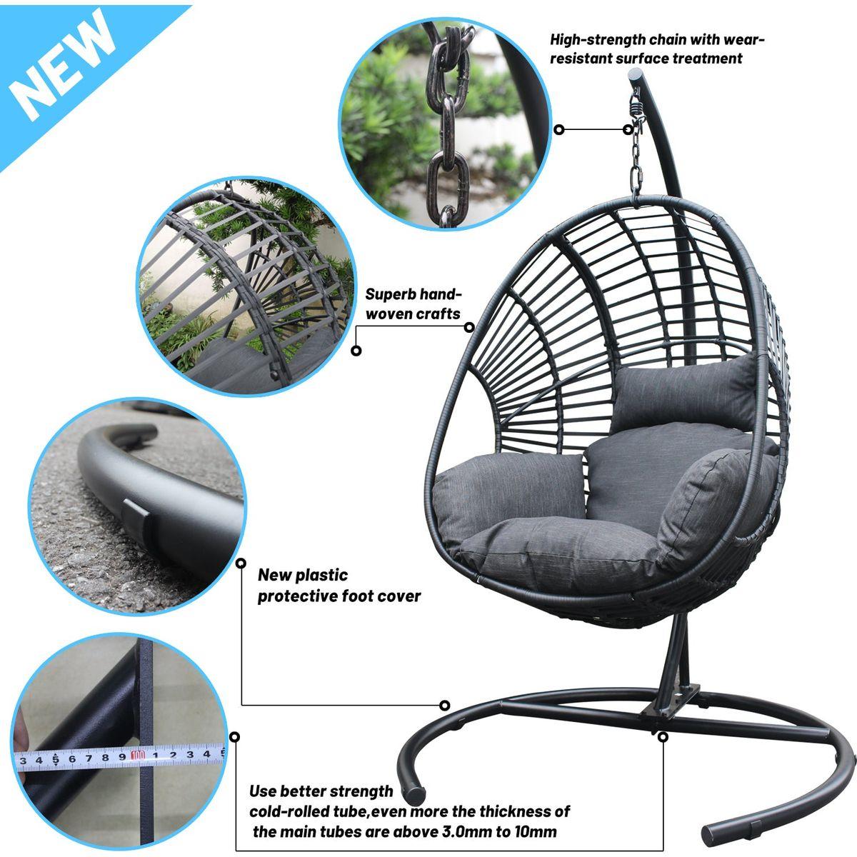 High Quality Outdoor Indoor Black color PE Wicker Swing Egg chair with Antracite Color Cushion And Black Color Base