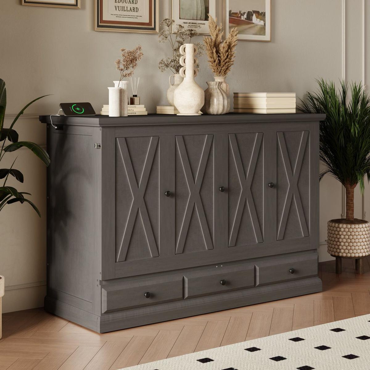 Solid Pine Murphy Bed Chest Cube Cabinet Bed with Charging Station and Large Storage Drawer for Home Office or Small Room,Full,Gray