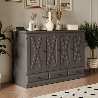 Solid Pine Murphy Bed Chest Cube Cabinet Bed with Charging Station and Large Storage Drawer for Home Office or Small Room,Full,Gray