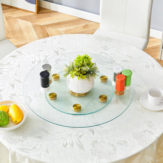 Double layer rotatable round glass.Golden aluminum plate,The rotatable design makes it convenient to retrieve and place items.The upper glass has a diameter of 24 inches, the lower glass15 inches.