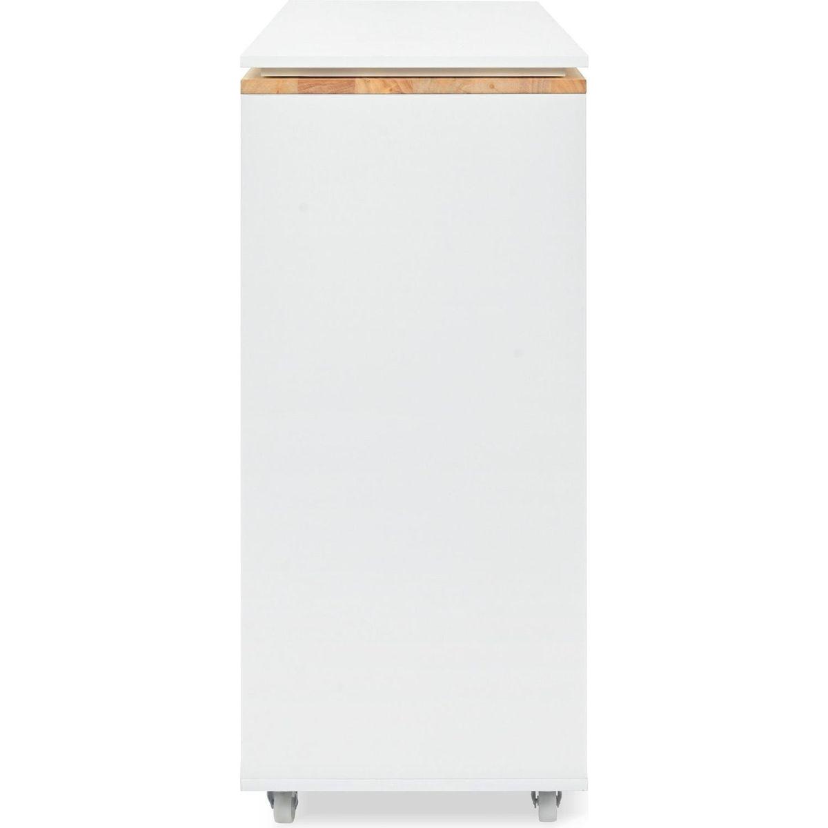 Rolling Kitchen Island With Movable Extended Table, Kitchen Cabinet on Wheels with Power Outlets and 2 Fluted Glass Doors, Kitchen Island with a Storage Compartment and Side 3 Open Shelves, White