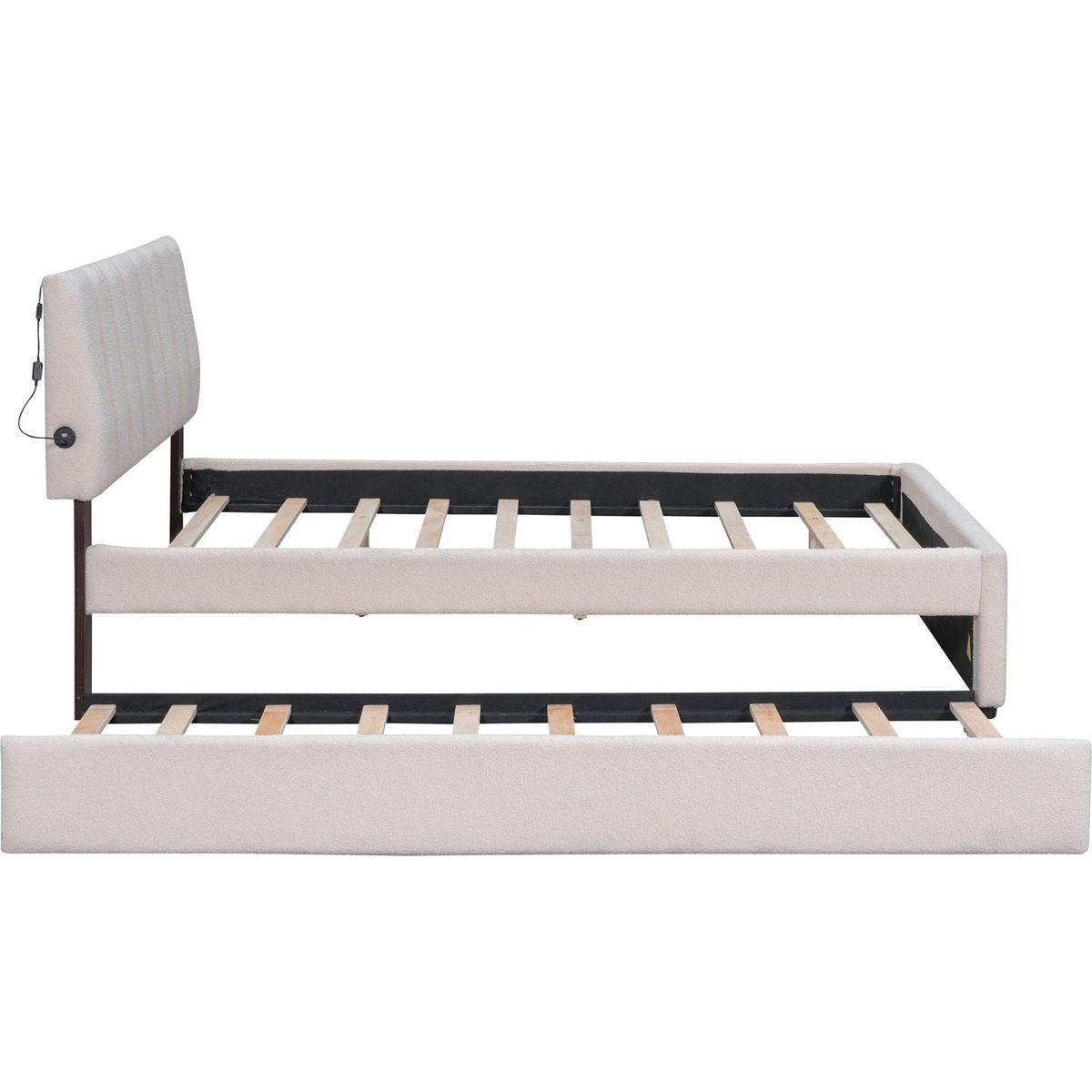 Teddy Fleece Full Size Upholstered Platform Bed with Trundle, Beige