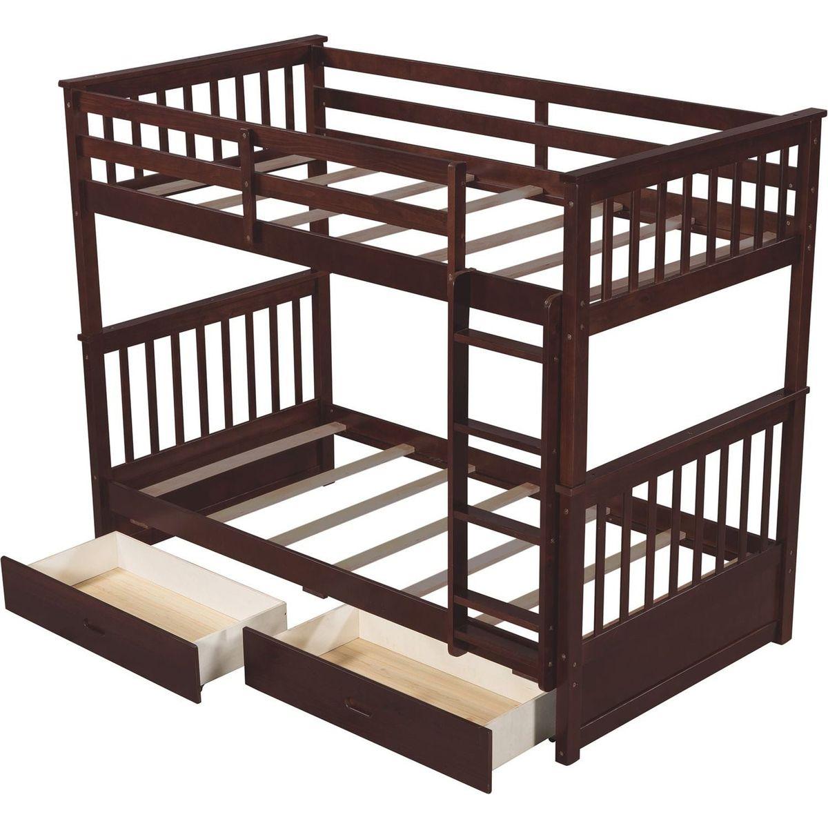 Twin-Over-Twin Bunk Bed with Ladders and Two Storage Drawers (Espresso)