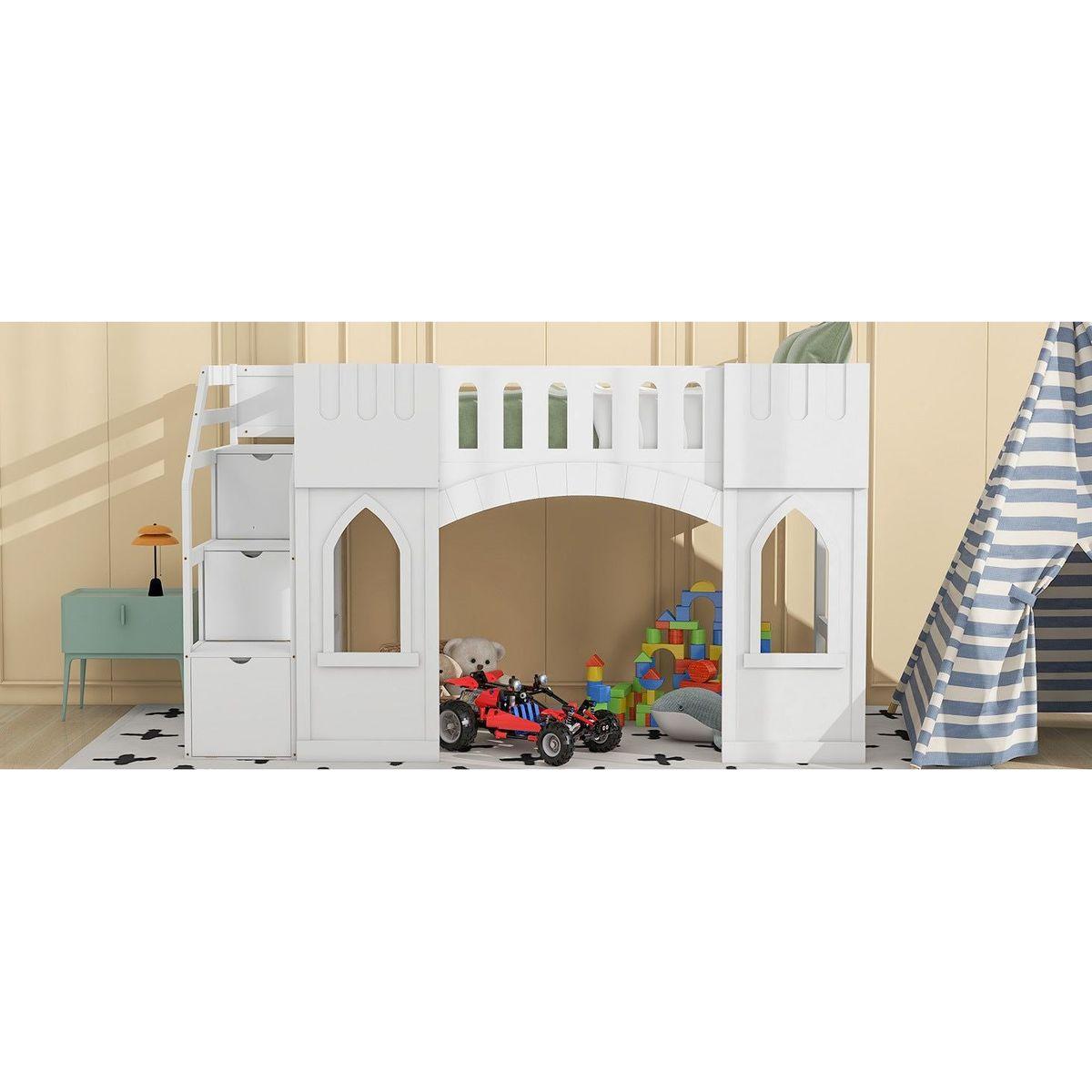 Twin Size Loft Bed with Storage Staircase and Window, White