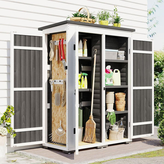 Outdoor 5.5ft Hx4.1ft L Wood Storage Shed, Garden Tool Cabinet with Waterproof Asphalt Roof, Four Lockable Doors, Multiple-tier Shelves, White and Gray