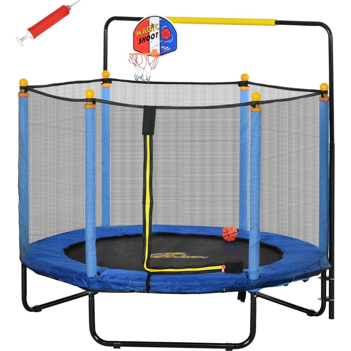 Qaba 4.6' Kids Trampoline with Basketball Hoop, Horizontal Bar, 55" Indoor Trampoline with Net, Small Springfree Trampoline Gifts for Kids Toys, Ages 3-10, Blue