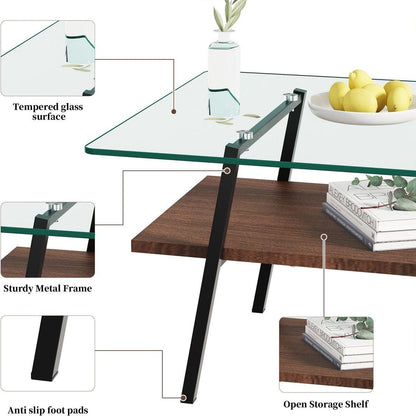 Rectangle Coffee Table, Tempered Glass Tabletop with Black Metal Legs, Modern Table for Living Room, Transparent Glass
