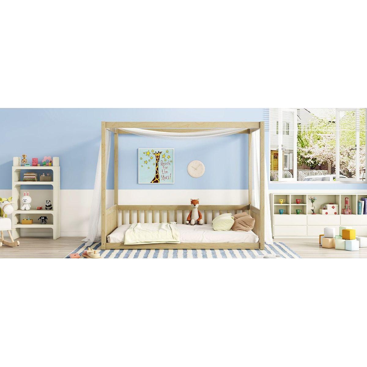 Full Size Canopy Frame Floor Bed with Fence, Guardrails,Natural