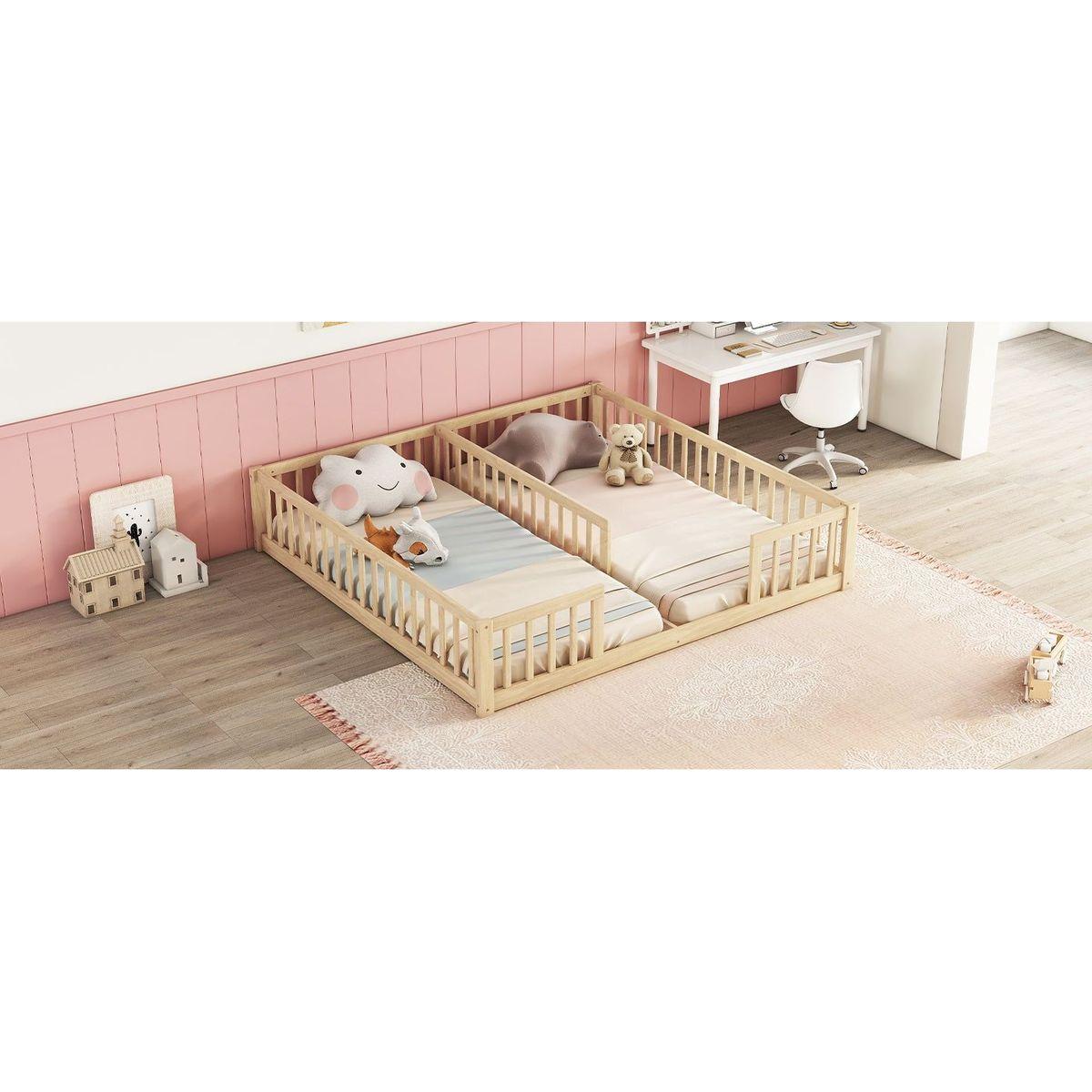Double Twin Floor Bed with Fence, Guardrails, without door, Natural