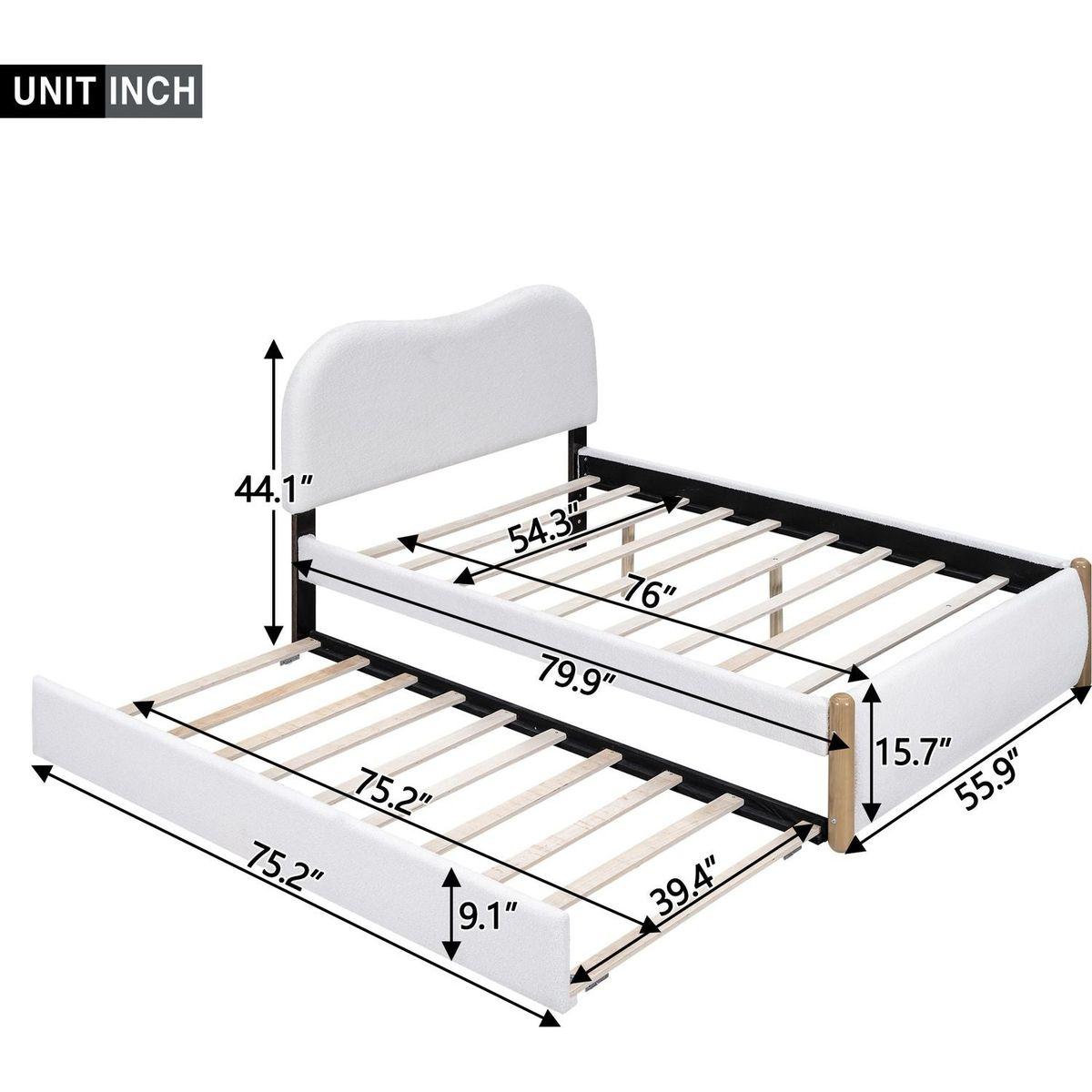Full Size Upholstered Platform Bed with Wood Supporting Feet and Twin Size Trundle, White