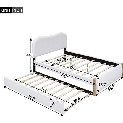 Full Size Upholstered Platform Bed with Wood Supporting Feet and Twin Size Trundle, White