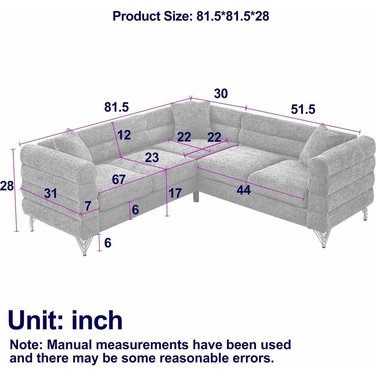 81.5-Inch Oversized Corner Sofa Covers, L-Shaped Sectional Couch, 5-Seater Corner Sofas with 3 Cushions for Living Room, Bedroom, Apartment, Office