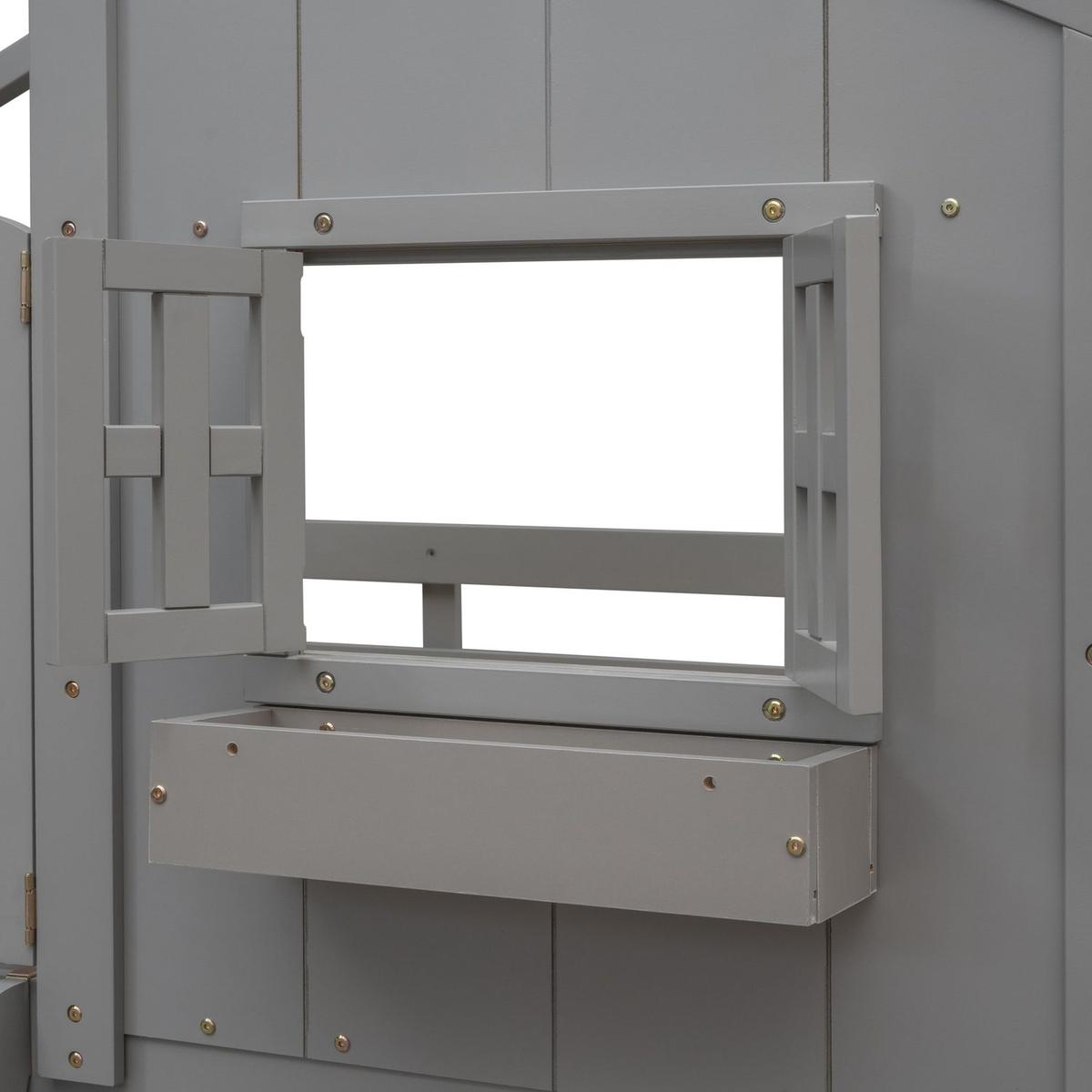 Twin over Twin House Bunk Bed with Roof, Window, Window Box, Door, with Safety Guardrails and Ladder, Grey