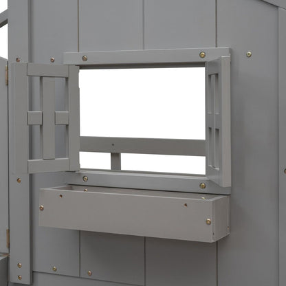 Twin over Twin House Bunk Bed with Roof, Window, Window Box, Door, with Safety Guardrails and Ladder, Grey