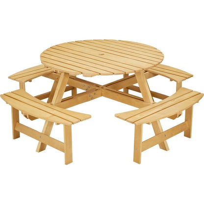 Outdoor 8 Person Picnic Table, 8 person Round Picnic Table with 4 Built-in Benches, Umbrella Hole, Outside Table and Bench Set for Garden, Backyard, Porch, Patio, Natural