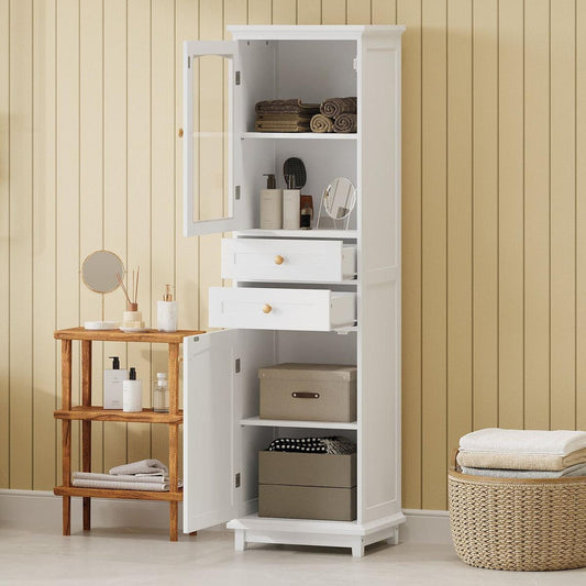 63" Tall Bathroom Storage Cabinet with Glass Doors, Free-Standing, Two Drawers, and Adjustable Shelves, MDF Board, Painted white - Perfect for Displaying Your Favorite Items