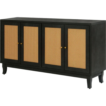 Handcrafted Premium Grain Panels,Rattan Sideboard Buffer Cabinet With 4 Rattan Doors, Modern Storage Cupboard Console Table with Adjustable Shelves for Living Room(Antique Dark Gray)