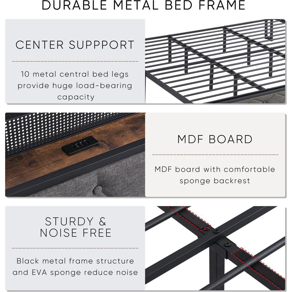 King Bed Frame with Storage Headboard, Charging Station and LED Lights, Upholstered Platform Bed with Heavy Metal Slats, No Box Spring Needed, Noise Free, Easy Assembly, Dark Gray