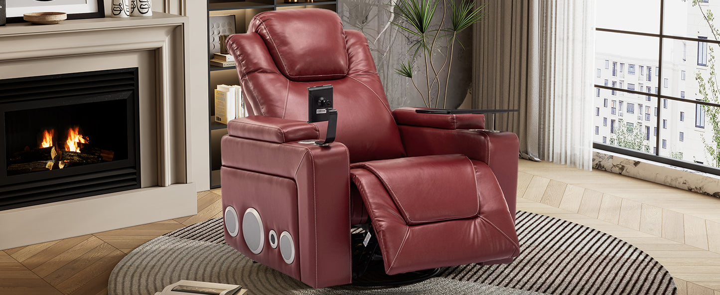 270 Degree Swivel PU Leather Power Recliner Individual Seat Home Theater Recliner with Surround Sound, Cup Holder, Removable Tray Table, Hidden Arm Storage for Living Room, Red