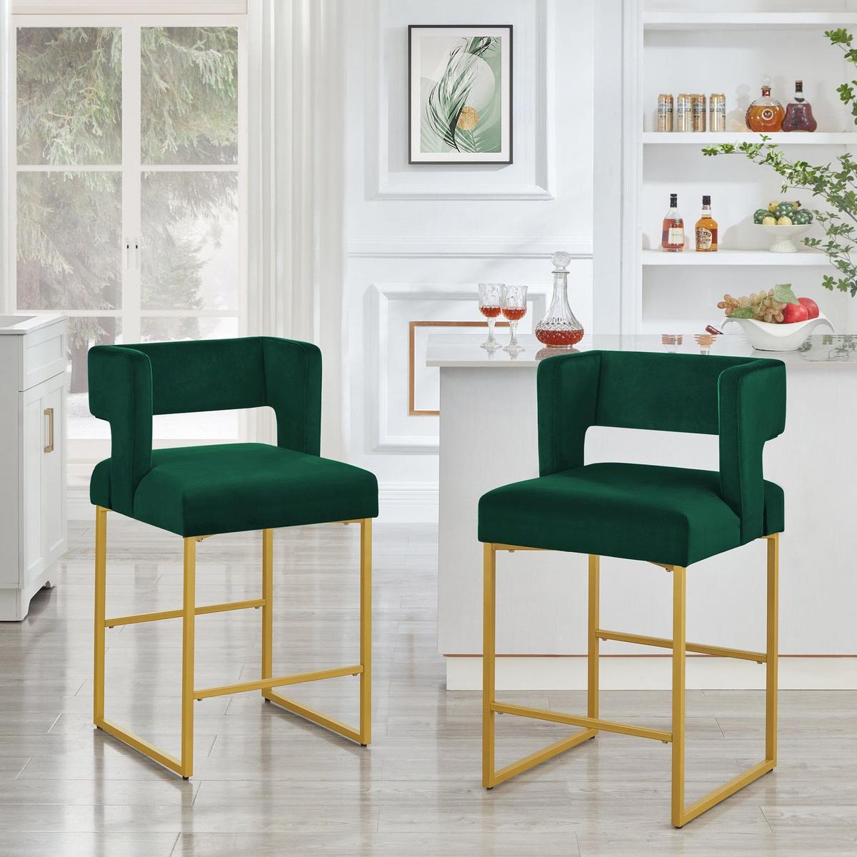 Modern Fashion Counter Height Bar Stools with Unique Square Open Backrest, Set of 2 Versatile Bar Chairs with Sturdy Iron Legs, 26" H Counter Height Chairs for kitchen islands,Jade /Gold