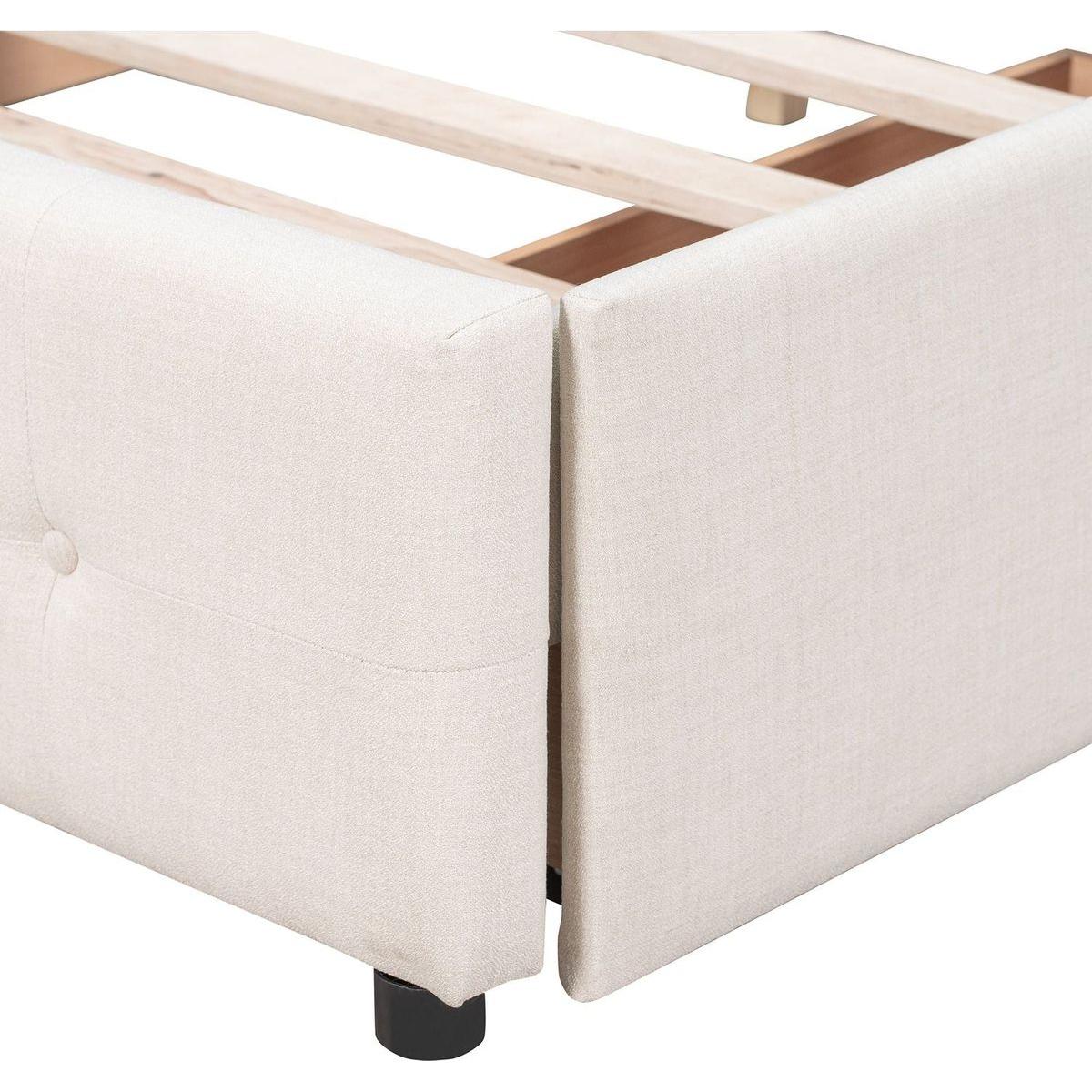 Upholstered Platform Bed with Classic Headboard and 4 Drawers, No Box Spring Needed, Linen Fabric, Queen Size Beige