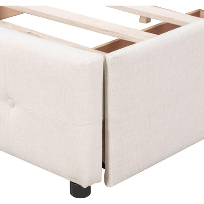 Upholstered Platform Bed with Classic Headboard and 4 Drawers, No Box Spring Needed, Linen Fabric, Queen Size Beige