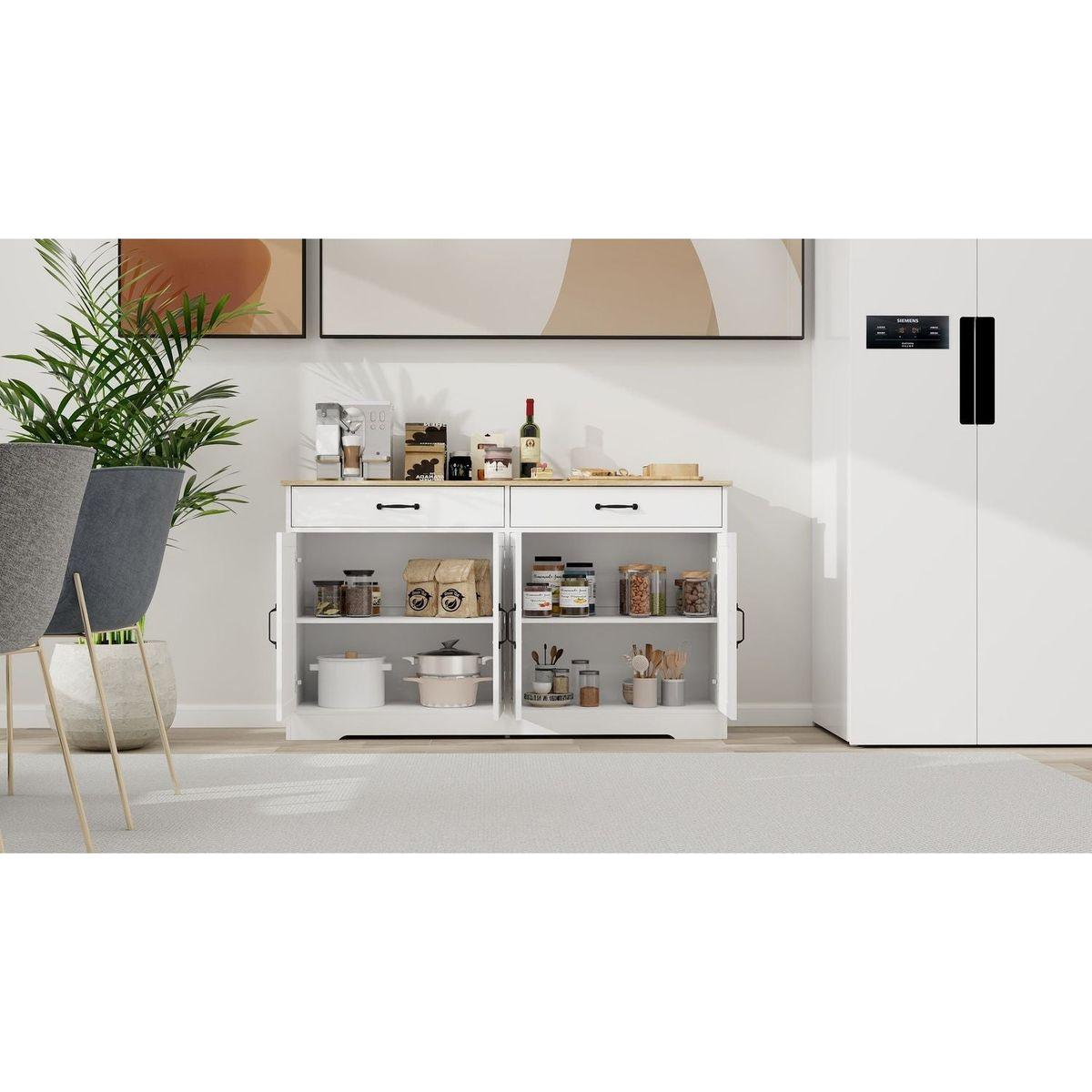 55.91" Large Farmhouse Buffet Cabinet Storage Sideboard with 2 Drawers and 4 Doors for Dining Living Room Kitchen Cupboard-White