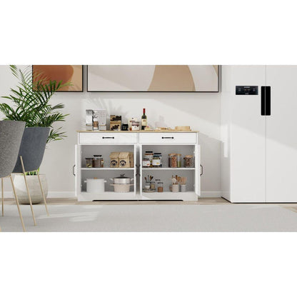 55.91" Large Farmhouse Buffet Cabinet Storage Sideboard with 2 Drawers and 4 Doors for Dining Living Room Kitchen Cupboard-White