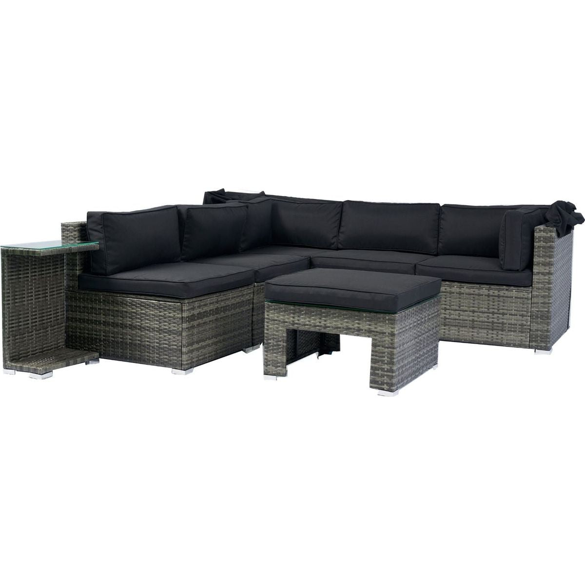 7-Piece Patio Furniture Set w/Retractable Canopy Wicker Rattan Sectional Sofa Set Patio Furniture with Washable Cushions for Lawn, Garden, Backyard, Poolside Grey wicker + Black Cushion