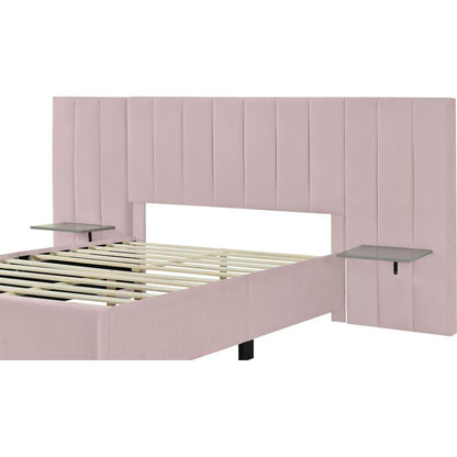 Full Size Upholstered Platform Bed with Big Headboard, Bedroom Furniture, Velvet, Pink