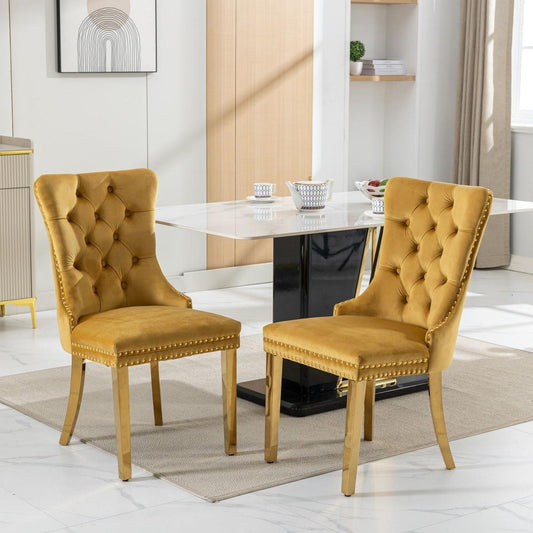 Nikki Collection Modern, High-end Tufted Solid Wood Contemporary Velvet Upholstered Dining Chair with Golden Stainless Steel Plating Legs,Nailhead Trim,Set of 2,Gold