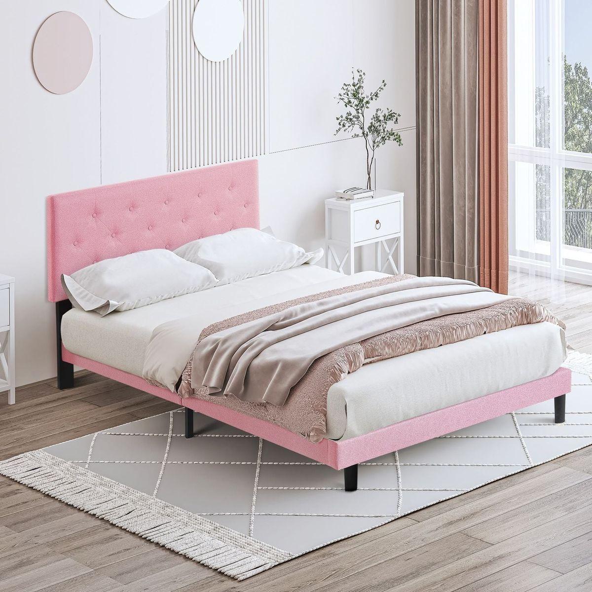 Full Size Upholstered Platform Bed Frame with Modern Button Tufted Linen Fabric Headboard, No Box Spring Needed, Wood Slat Support, Easy Assembly, pink