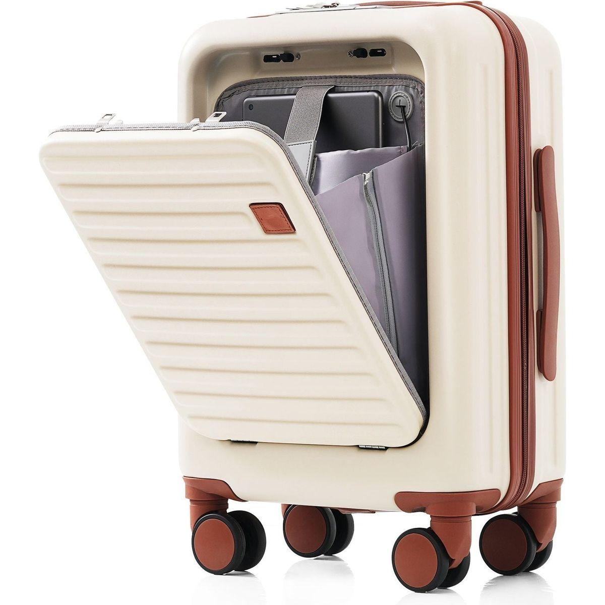 Front Opening 20-Inch Carry-On Luggage with Expandable Travel Bag Set, ABS Hard Shell Two-piece suitcase set with USB Port, Cup Holder, ivory and brown