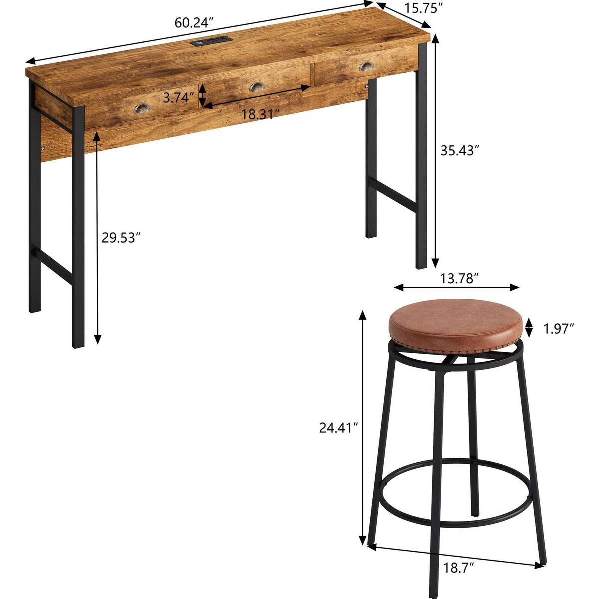 3-Drawer Long Dining Table Set with Power Outlets, Bar Kitchen Table Set with Circular PU Stools, Easy Assemble,Brown
