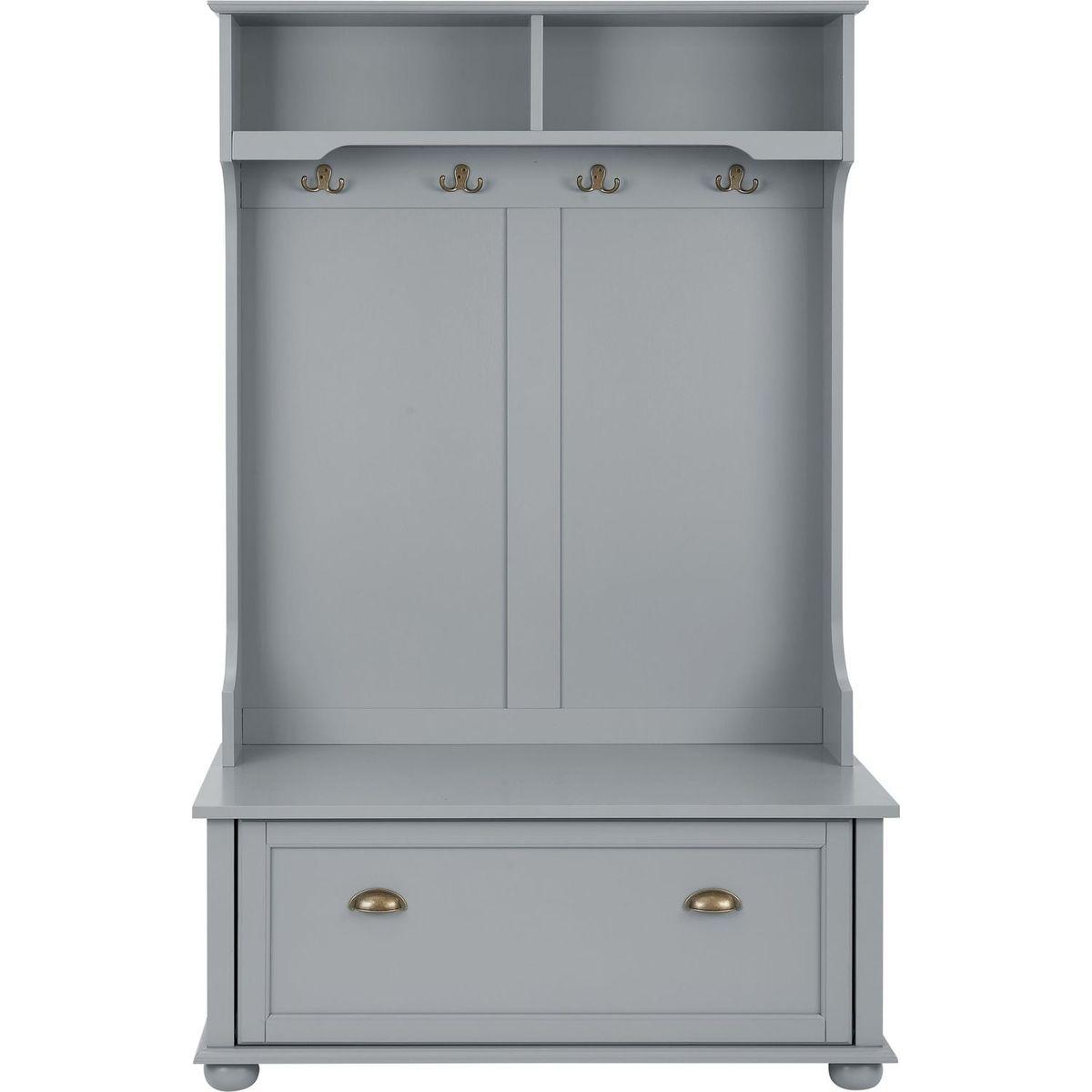 Classic Cosatal Style Hall Tree Entryway Bench with Open Shelves and Shoe Cabinets, SOLID WOOD Feet, Gray, 40"Wx18.5"Dx64.5"H