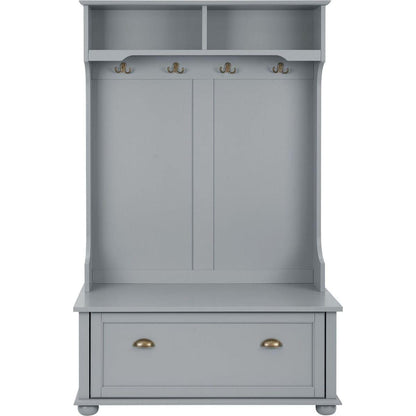 Classic Cosatal Style Hall Tree Entryway Bench with Open Shelves and Shoe Cabinets, SOLID WOOD Feet, Gray, 40"Wx18.5"Dx64.5"H