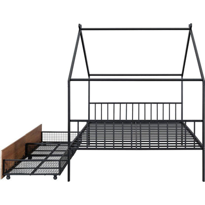 Full Size Metal House Bed with Two Drawers, Black