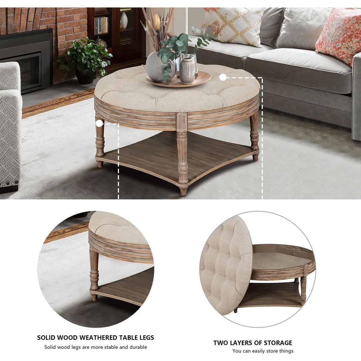 Large Round Ottoman Coffee Table 2 Tier Oversized Button Tufted Ottoman with Wooden Shelf Storage Farmhouse Upholstered Coffee Table Living Room Footstool Ottoman Linen